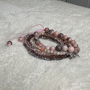Natural Stone Marble & Beaded Bracelet Set of 5 Pink Peachy & Grey NWOT HORSE